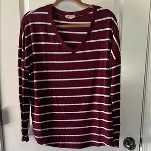 Burgundy and White Striped V-Neck Sweater